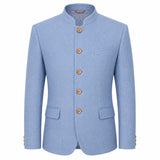 A men's light blue mandarin collar blazer jacket with five brown buttons, shown on a plain white background.