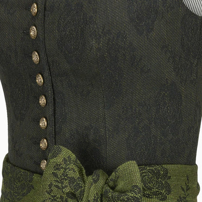 Close-up of a dark green fabric with gold buttons and green trim