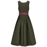 Green Dirndl dress with a pink belt on a white background