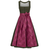 Traditional German dirndl with green top and pink skirt on a white background