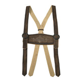 Brown leather suspenders with a decorative buckle on a white background