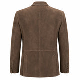 A brown suede blazer shown from the back, featuring a structured collar, long sleeves with button cuffs, and a central seam running down the back.