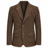 A brown suede blazer jacket with notch lapels, two front buttons, and flap pockets, shown on a plain white background.