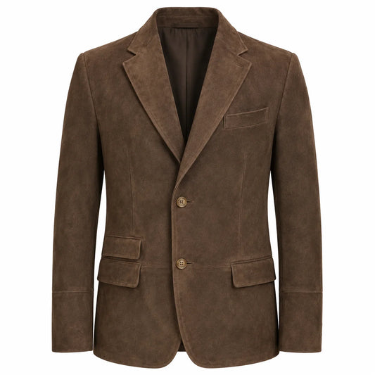 A brown suede blazer jacket with notch lapels, two front buttons, and flap pockets, shown on a plain white background.