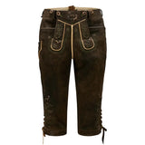 Brown leather pants with decorative stitching on a white background