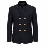 A dark navy blue double-breasted blazer with gold buttons and a black collar, shown on a plain white background.