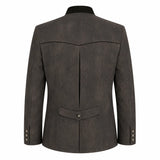 A dark brown textured blazer shown from the back, featuring a single button closure at the waist, a single button cuff, and a black collar, set against a plain white background.