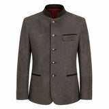 A men's dark gray textured jacket with a mandarin collar, four front buttons, a chest pocket, and welt pockets, shown on a plain white background.