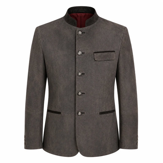 A men's dark gray textured jacket with a mandarin collar, four front buttons, a chest pocket, and welt pockets, shown on a plain white background.