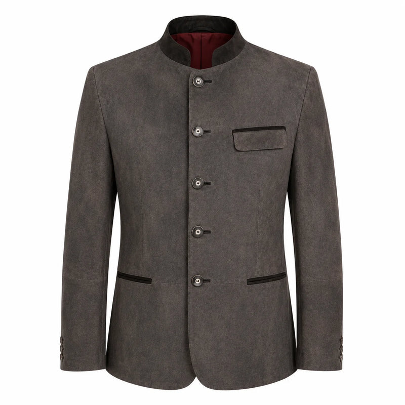 A men's dark gray textured jacket with a mandarin collar, four front buttons, a chest pocket, and welt pockets, shown on a plain white background.