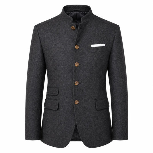A dark gray textured wool-blend blazer with a mandarin collar, brown buttons, and a white pocket square, shown on a plain white background.