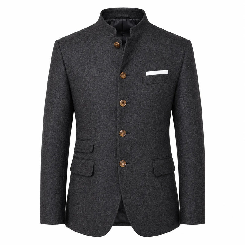 A dark gray textured wool-blend blazer with a mandarin collar, brown buttons, and a white pocket square, shown on a plain white background.