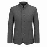 A men's gray textured wool jacket with a mandarin collar, four brown buttons, and front flap pockets, shown on a plain white background.