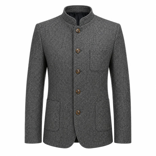 A men's gray textured wool jacket with a mandarin collar, four brown buttons, and front flap pockets, shown on a plain white background.