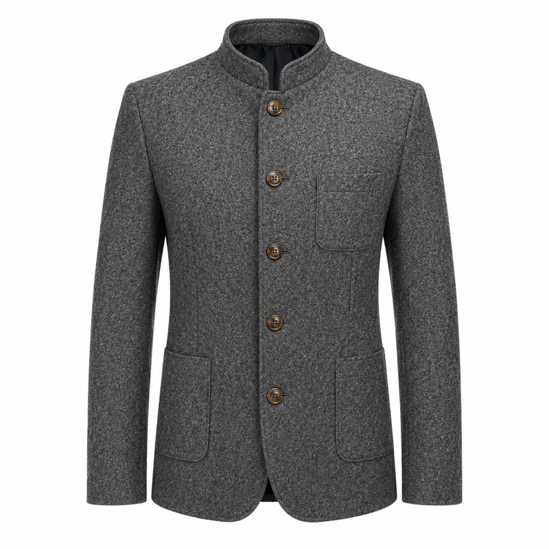 A men's gray textured wool jacket with a mandarin collar, four brown buttons, and front flap pockets, shown on a plain white background.