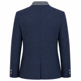 A navy blue wool blazer shown from the back, featuring a textured gray collar and gold-tone button details on the cuffs, set against a plain white background.