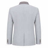 The back view of a light gray textured blazer with a patterned gray collar and button details on the cuffs, shown against a plain white background.