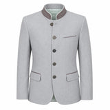 A light gray men's traditional jacket with a mandarin collar, dark brown buttons, and a light green lining visible at the collar, shown on a plain white background.
