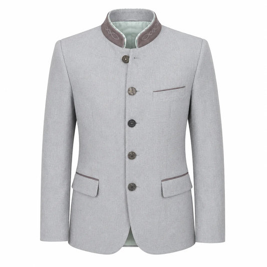 A light gray men's traditional jacket with a mandarin collar, dark brown buttons, and a light green lining visible at the collar, shown on a plain white background.