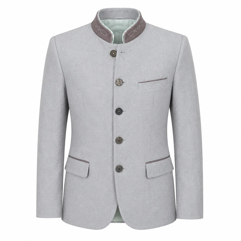 A light gray men's traditional jacket with a mandarin collar, dark brown buttons, and a light green lining visible at the collar, shown on a plain white background.
