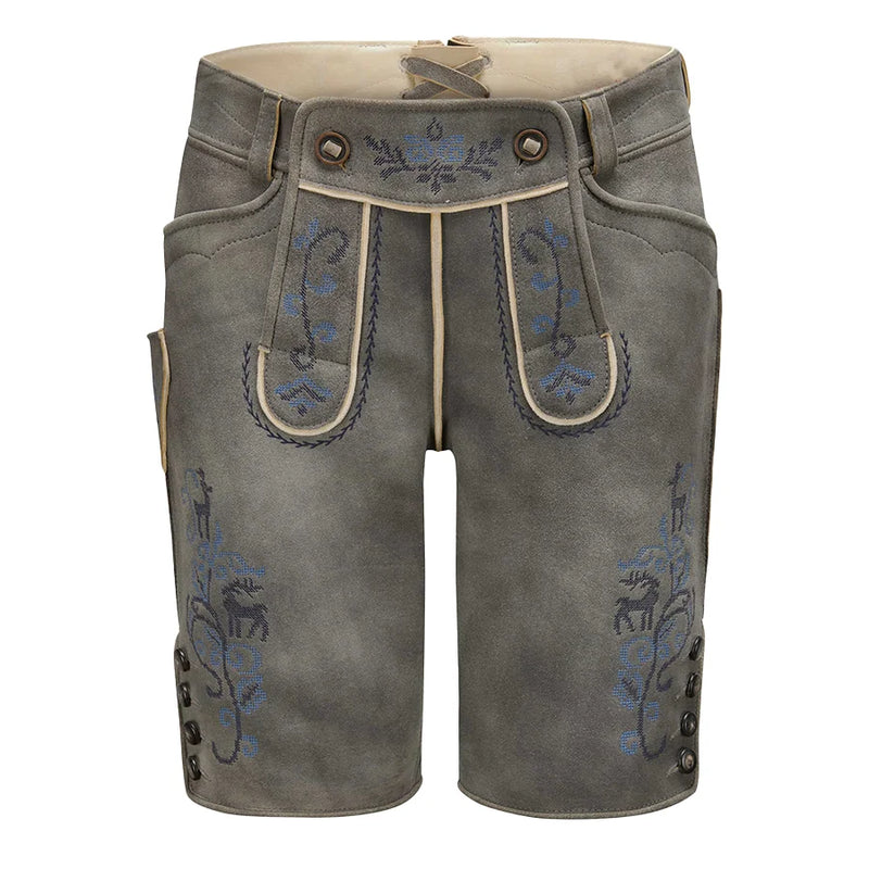Gray shorts with blue embroidery on a white background