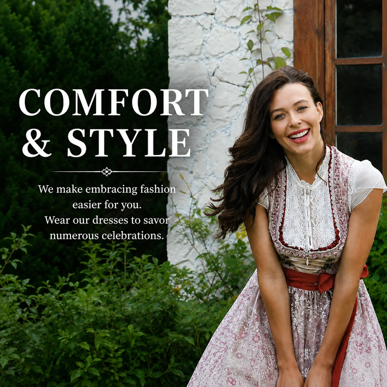 A woman wearing a traditional-style dress with a white embroidered bodice, red patterned apron, and red sash, posing outdoors next to a stone wall and greenery. Text on the left reads 'COMFORT & STYLE' with a tagline about embracing fashion.