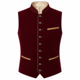 A men's waistcoat vest in deep burgundy velvet with gold trim details, decorative buttons, and a beige inner collar, shown on a plain white background.