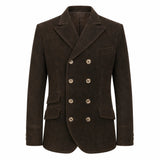 A dark brown double-breasted blazer jacket made of textured corduroy or suede-like fabric, featuring gold-tone buttons and a notch lapel, shown against a plain white background.