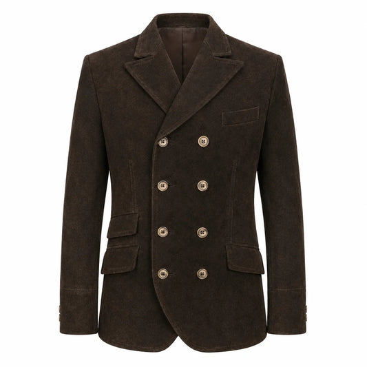 A dark brown double-breasted blazer jacket made of textured corduroy or suede-like fabric, featuring gold-tone buttons and a notch lapel, shown against a plain white background.
