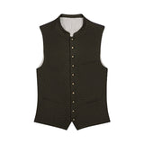 Dark patterned vest with button details on a white background
