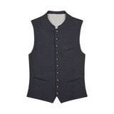 Dark patterned vest with button details on a white background