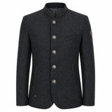 A dark charcoal gray wool-blend jacket with a mandarin collar, five decorative buttons, and a single chest pocket, shown on a plain white background.