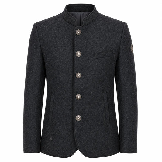 A dark charcoal gray wool-blend jacket with a mandarin collar, five decorative buttons, and a single chest pocket, shown on a plain white background.
