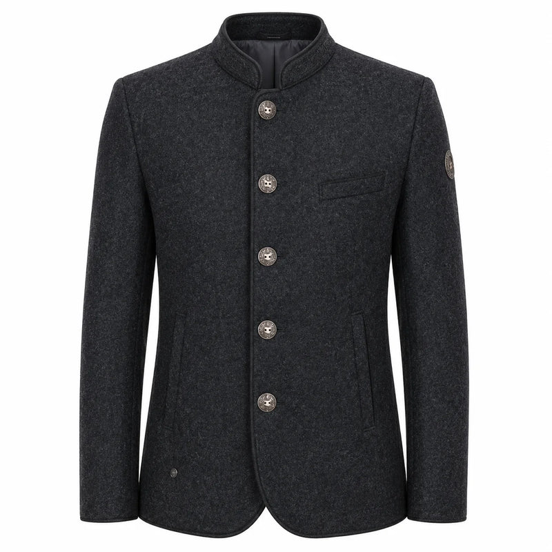 A dark charcoal gray wool-blend jacket with a mandarin collar, five decorative buttons, and a single chest pocket, shown on a plain white background.