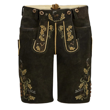 Traditional black lederhosen with gold embroidery on a white background