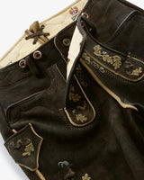 Black leather jacket with gold embroidery on a white background