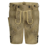 Brown leather shorts with decorative patterns on a white background