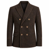 A dark brown double-breasted blazer with a textured, suede-like finish and contrasting light brown buttons, shown on a plain white background.