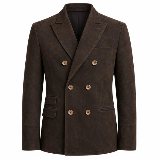 A dark brown double-breasted blazer with a textured, suede-like finish and contrasting light brown buttons, shown on a plain white background.