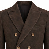 Close-up of a dark brown suede or micro-suede double-breasted blazer with notched lapels and brown buttons, shown on a white background.