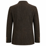 A dark brown textured blazer shown from the back, featuring a collar, long sleeves with button cuffs, and a central seam down the back, set against a plain white background.
