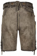Brown leather shorts with lace-up sides on a white background