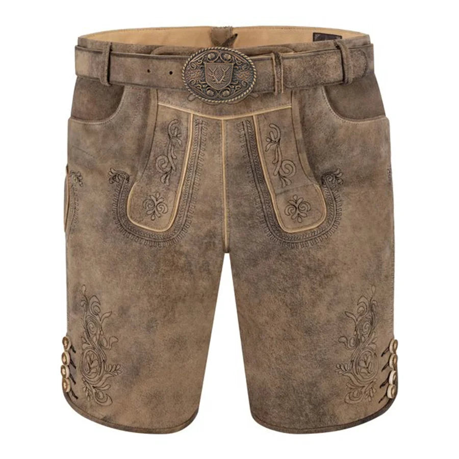 Brown leather shorts with decorative stitching and belt on a white background