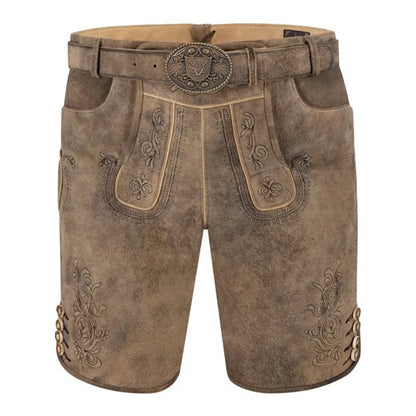 Brown leather shorts with decorative stitching and belt on a white background