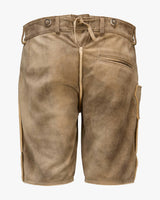 Brown leather shorts with a white background