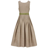 Beige dress with a green belt on a white background