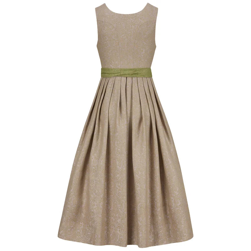 Beige dress with a green belt on a white background