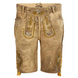 Brown leather shorts with gold embroidery on a white background