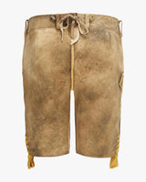 Brown leather shorts with drawstring on a white background