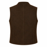 A dark brown suede vest shown from the back, featuring a central seam and a collar, isolated on a white background.
